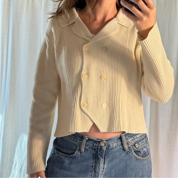 Vintage Petite Sophisticate Ribbed Double-Breasted Knit Cardigan | Cream - Picture 3 of 7